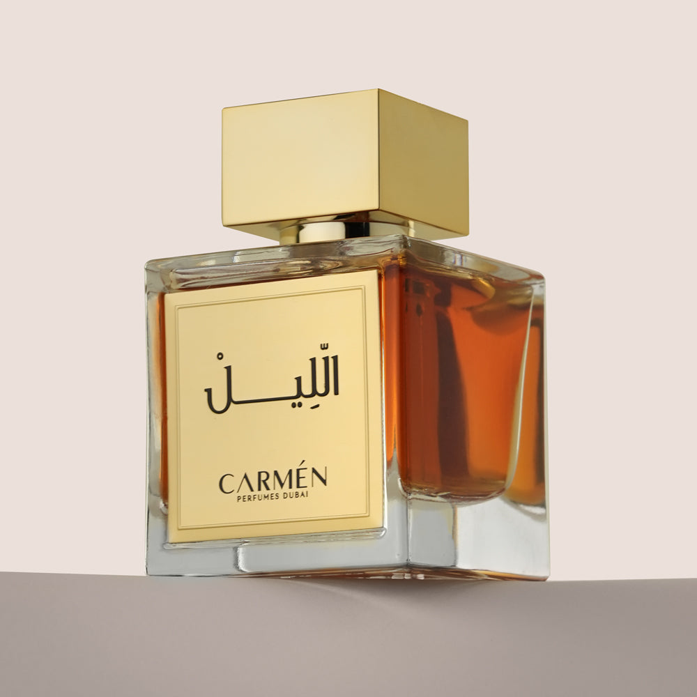 Al Lil perfume bottle and turquoise box by Carmen Perfumes Dubai
