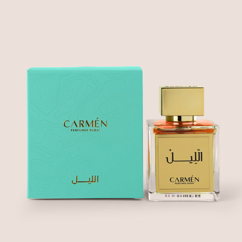 Al Lil perfume bottle and turquoise box by Carmen Perfumes Dubai