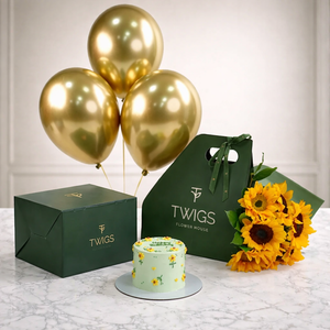 Sunshine Birthday Bundle - Sunflowers, Balloons & Cake Gift Dubai & UAE