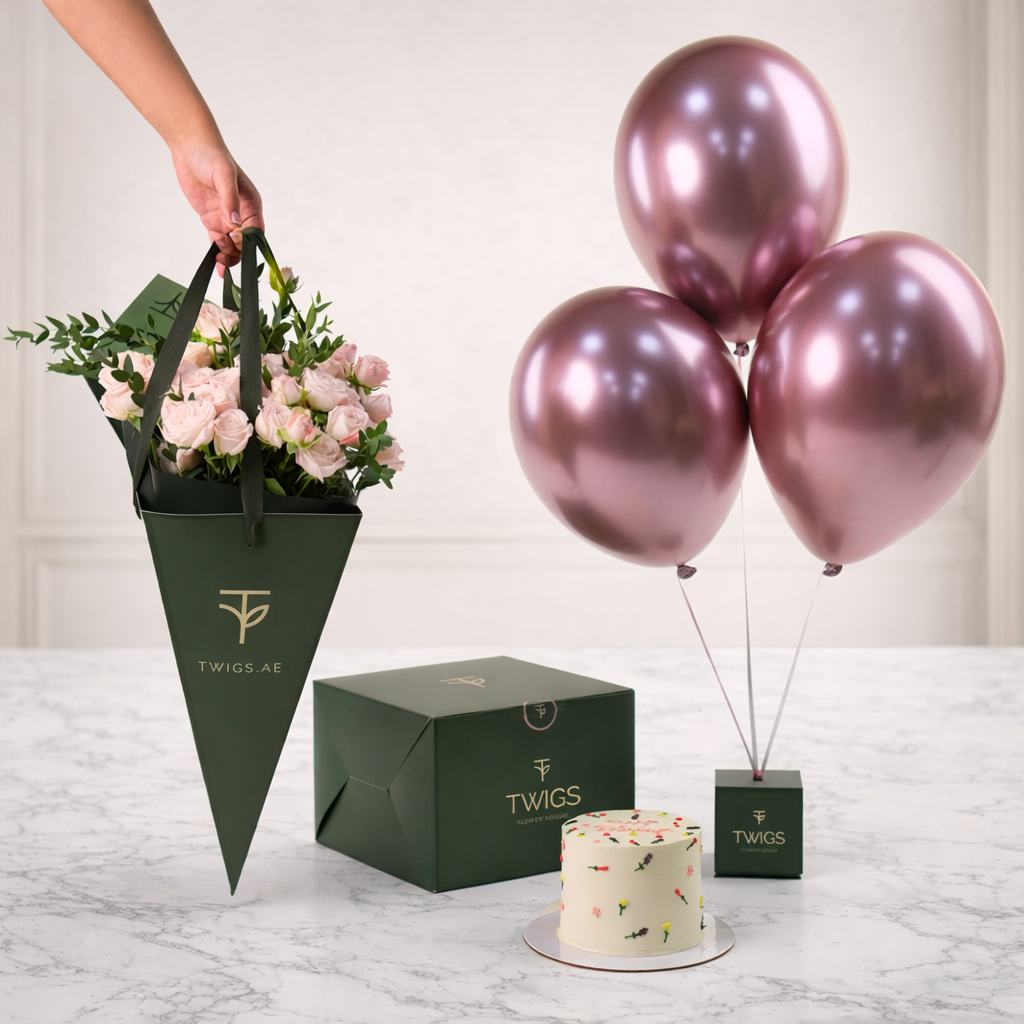 Blush Celebration Bundle – Birthday Flowers, Balloons & Cake - The Perfect Surprise