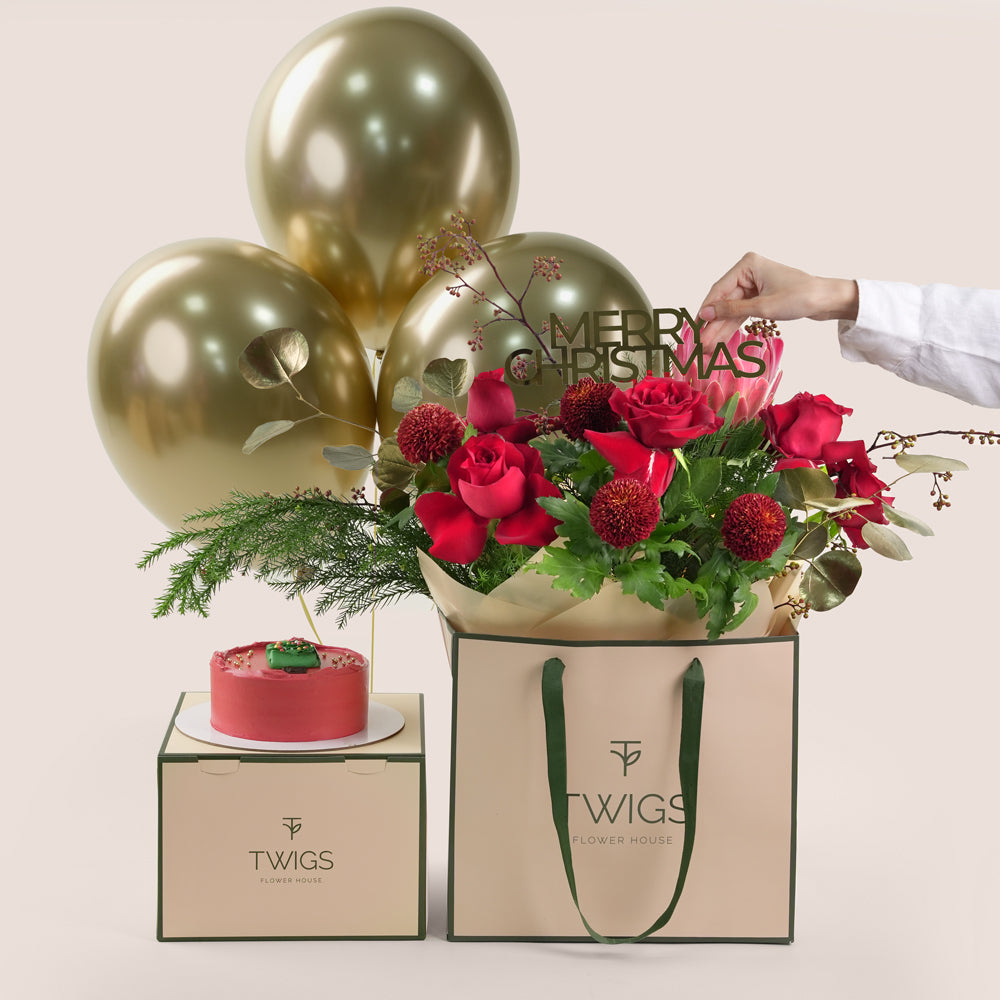 Christmas Celebration Bundle – Bouquet, Cake, Balloons & Message Topper