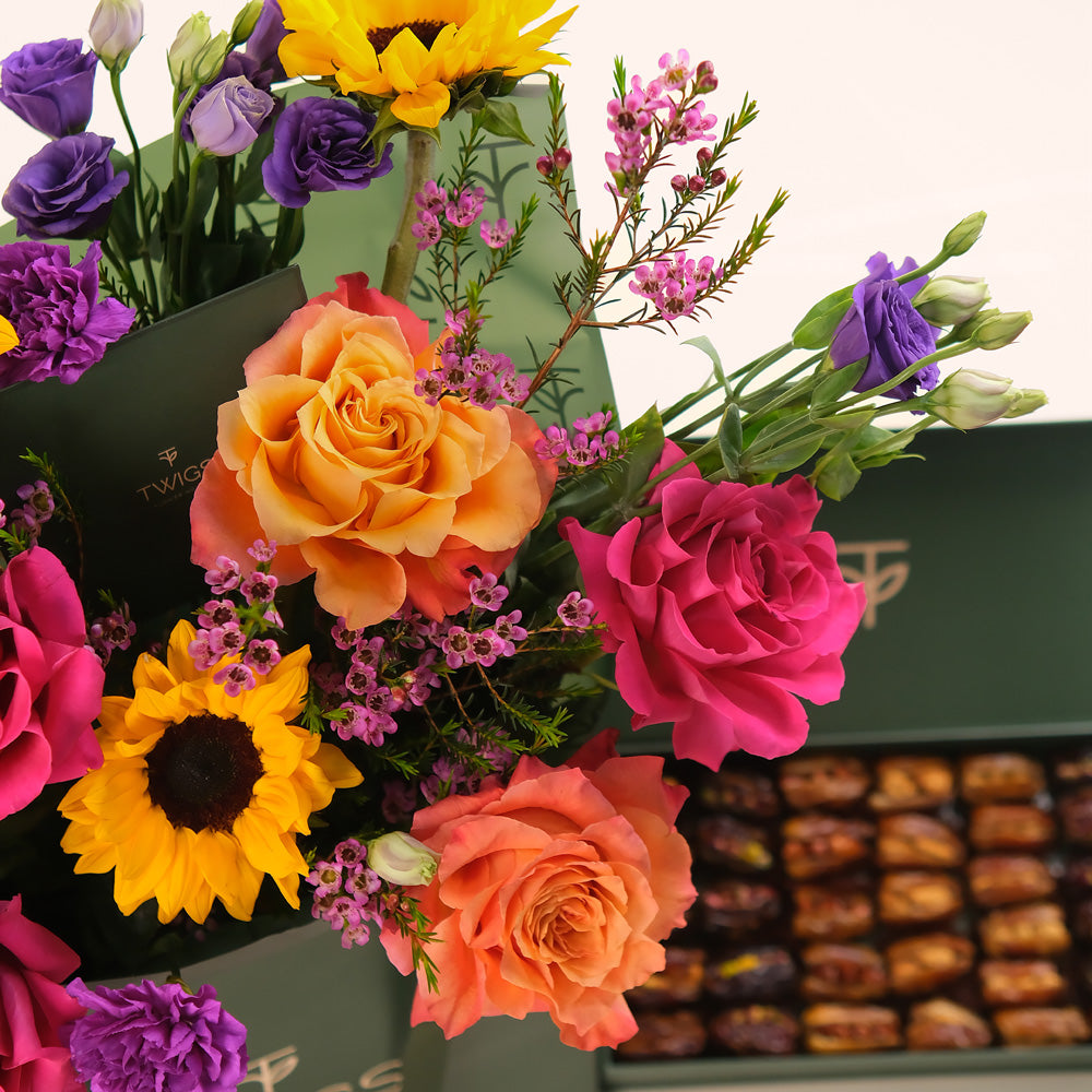 Joyful Radiance – Vibrant Flower Bouquet & Premium Gourmet Dates