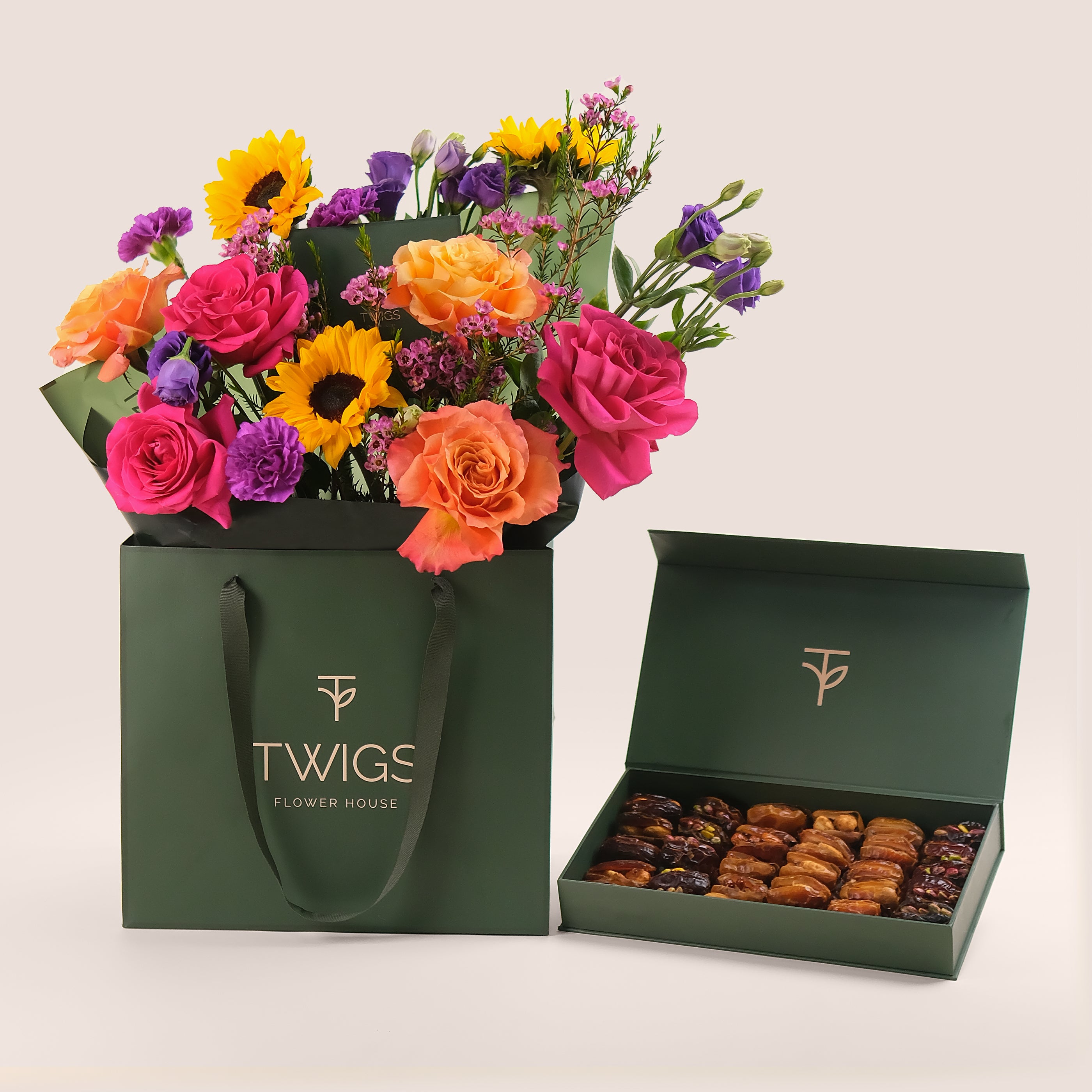 Joyful Radiance – Vibrant Flower Bouquet & Premium Gourmet Dates