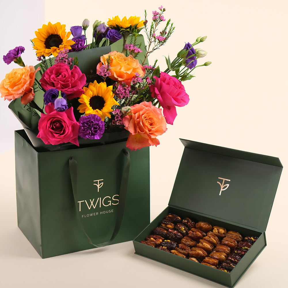 Joyful Radiance – Vibrant Flower Bouquet & Premium Gourmet Dates