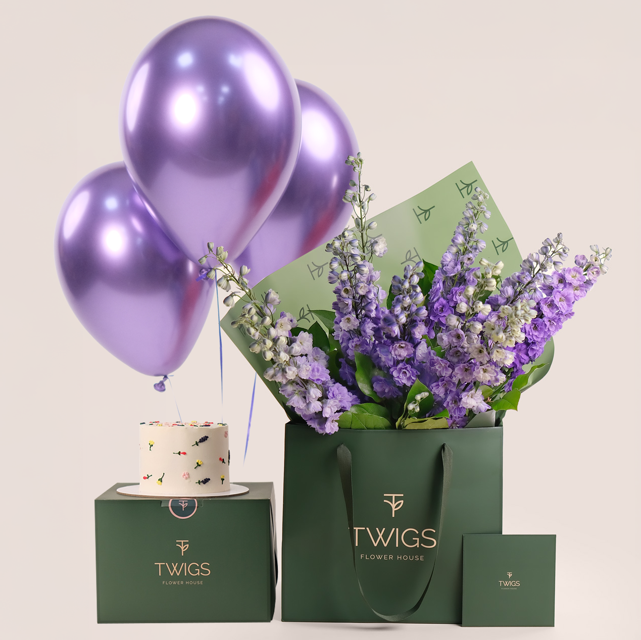 Purple Delphiniums Bouquet - Birthday Flowers with Cake and Balloons