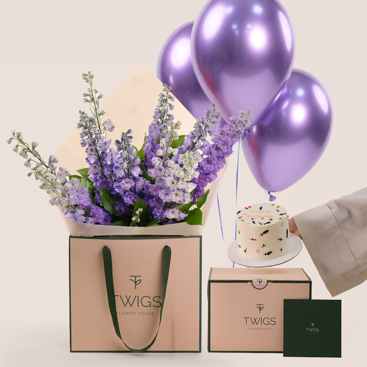 Purple Delphiniums Bouquet - Birthday Flowers with Cake and Balloons