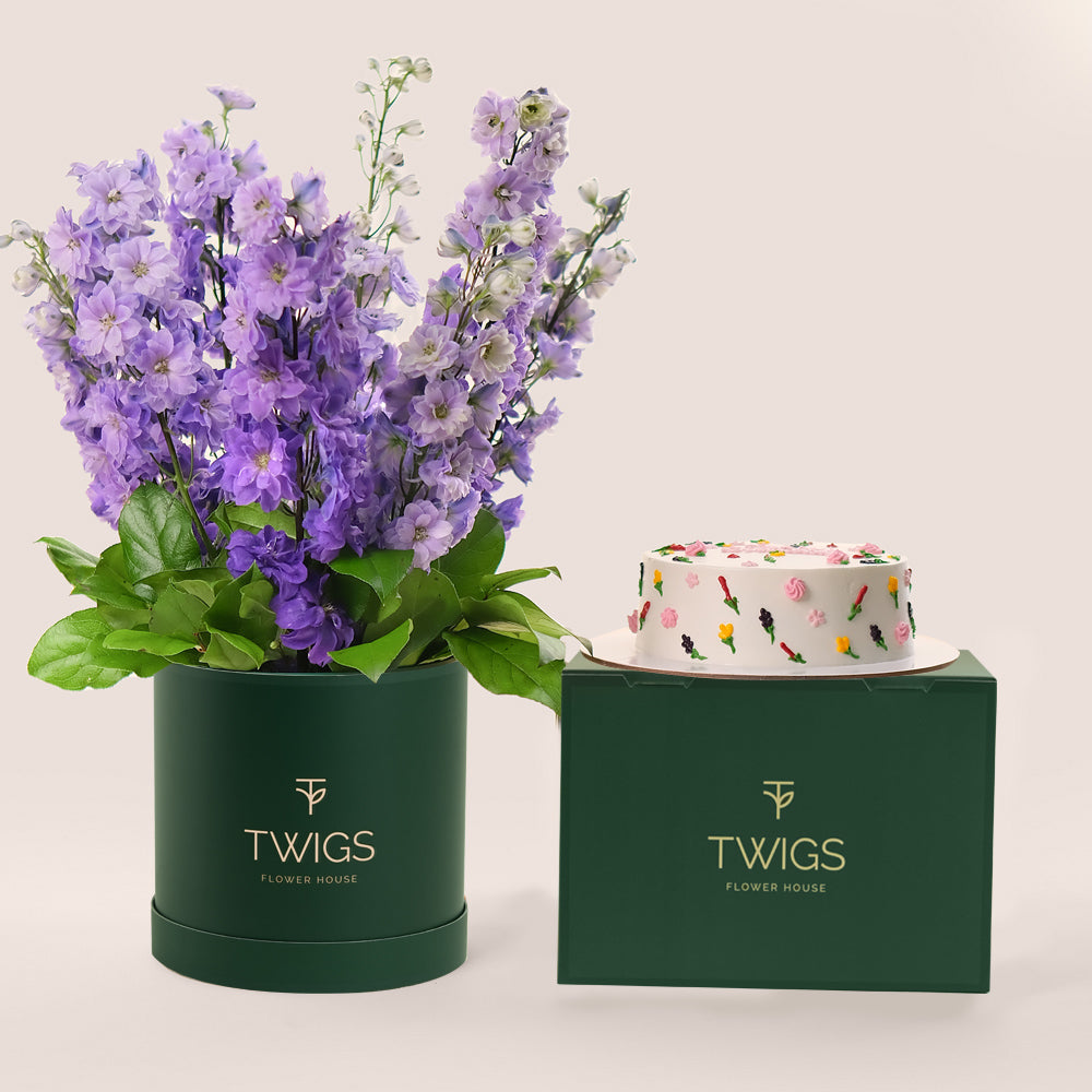 Delphiniums with 1kg Floral Birthday Cake | Elegant Flower & Cake Gift Dubai
