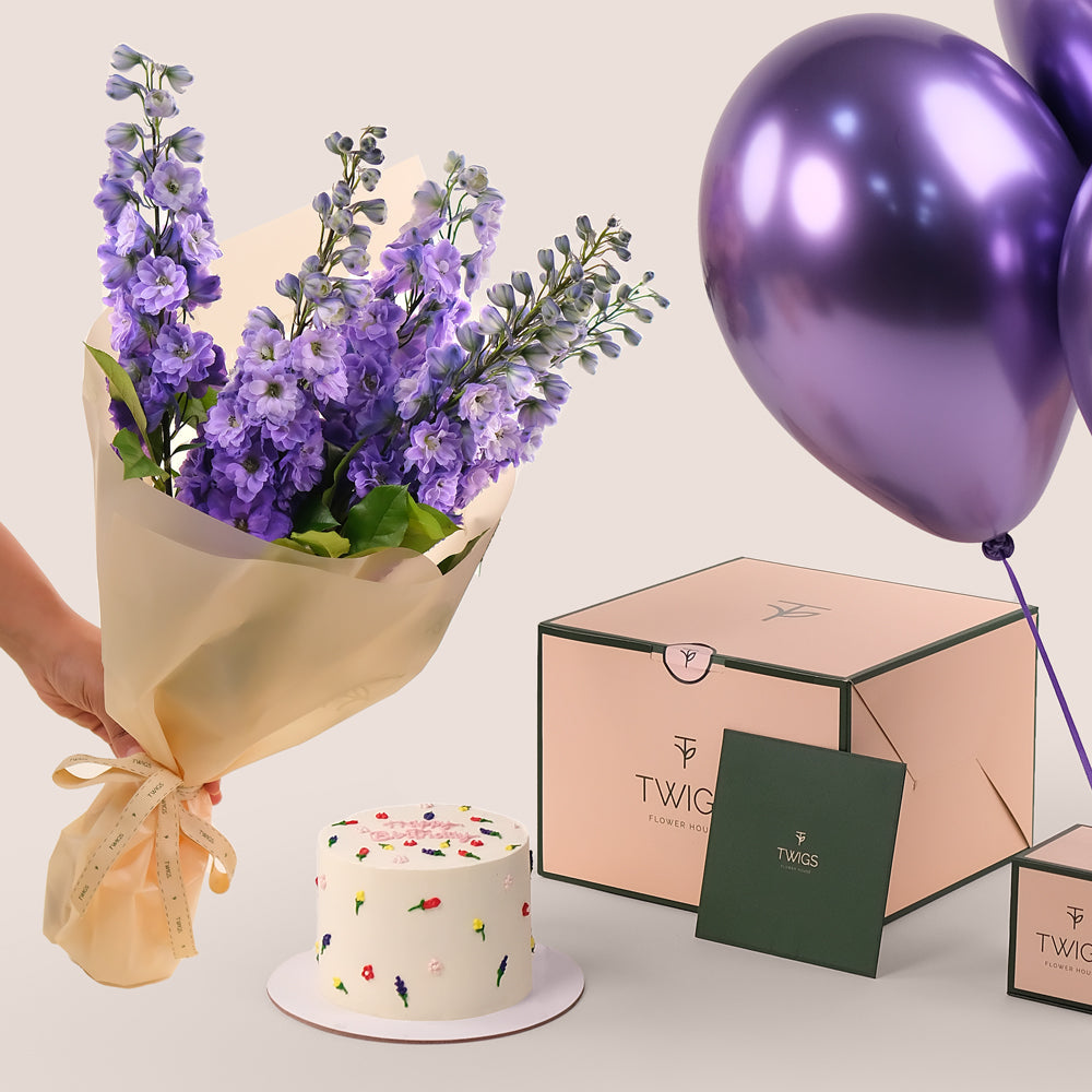  Flowers and small cake,purple balloons TWIGS UAE