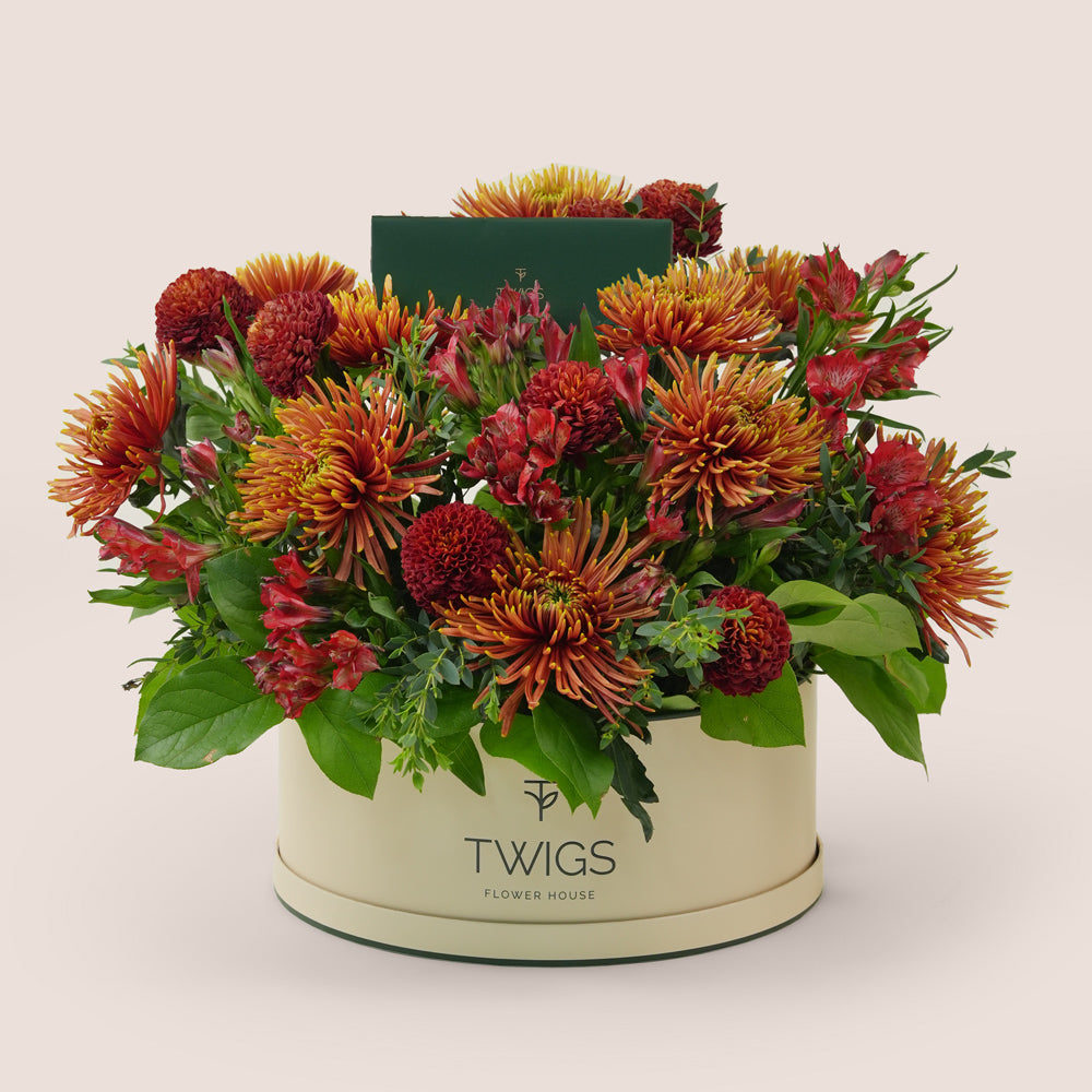 Ruby Eid flower arrangement with saffina chrysanthemums and burgundy ping pong chrysanthemums in TWIGS grande round box Dubai