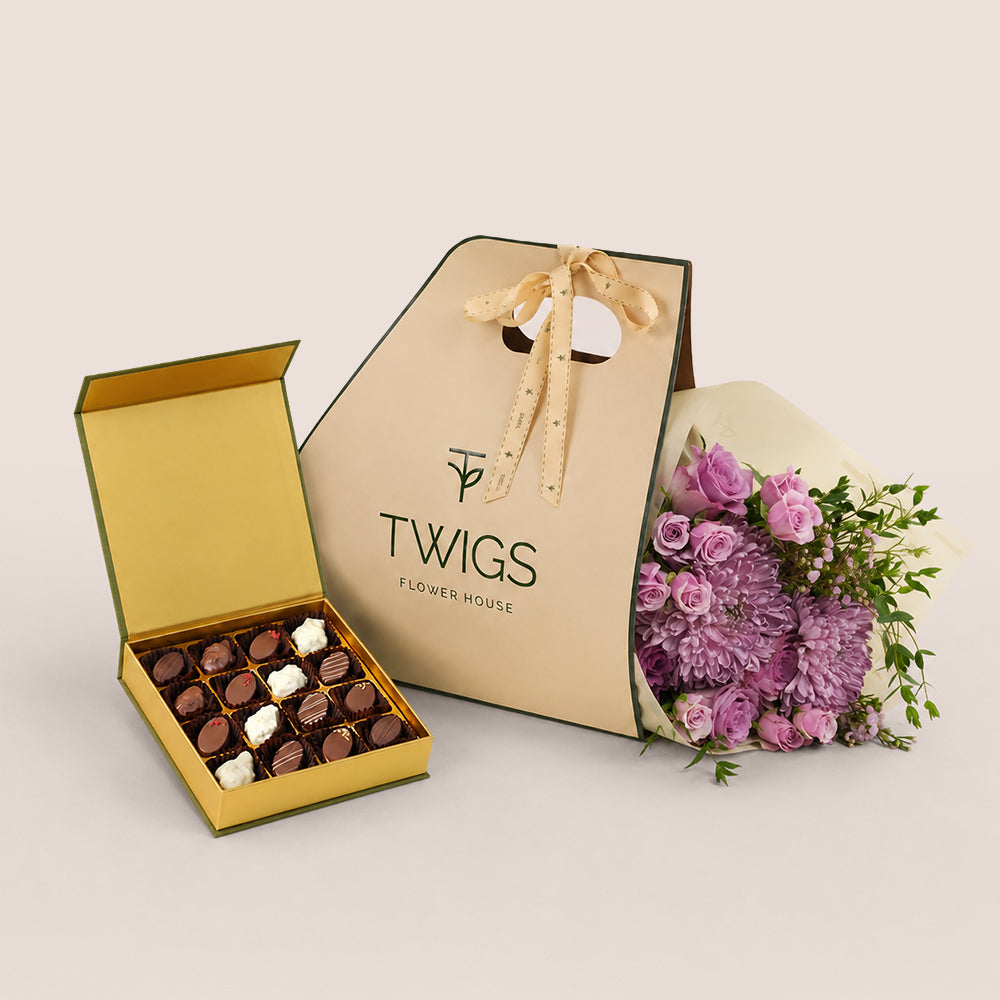 Emirati Women's Day lavender roses and purple chrysanthemums bunch bag bundled with Bateel Palm Gift Set date chocolates