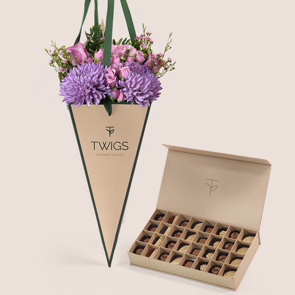 Emirati Women's Day lavender roses and purple chrysanthemums cone bag bundled with TWIGS premium chocolate box