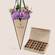 Emirati Women's Day lavender roses and purple chrysanthemums cone bag bundled with TWIGS premium chocolate box