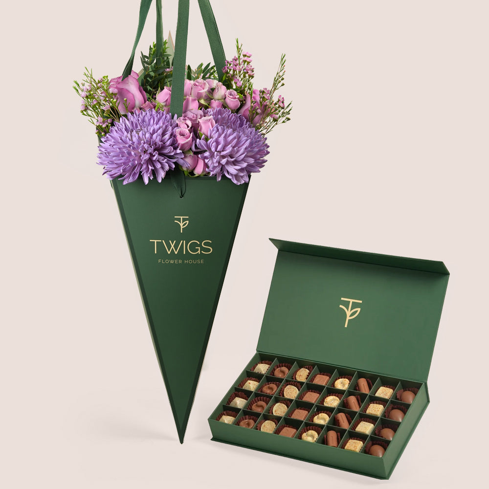 Emirati Women's Day lavender roses and purple chrysanthemums cone bag bundled with TWIGS premium chocolate box