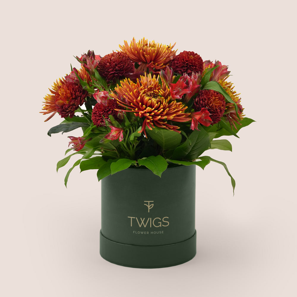 Eid flower arrangement with saffina chrysanthemums, burgundy ping pong chrysanthemums and red alstroemerias in TWIGS deluxe round box Dubai
