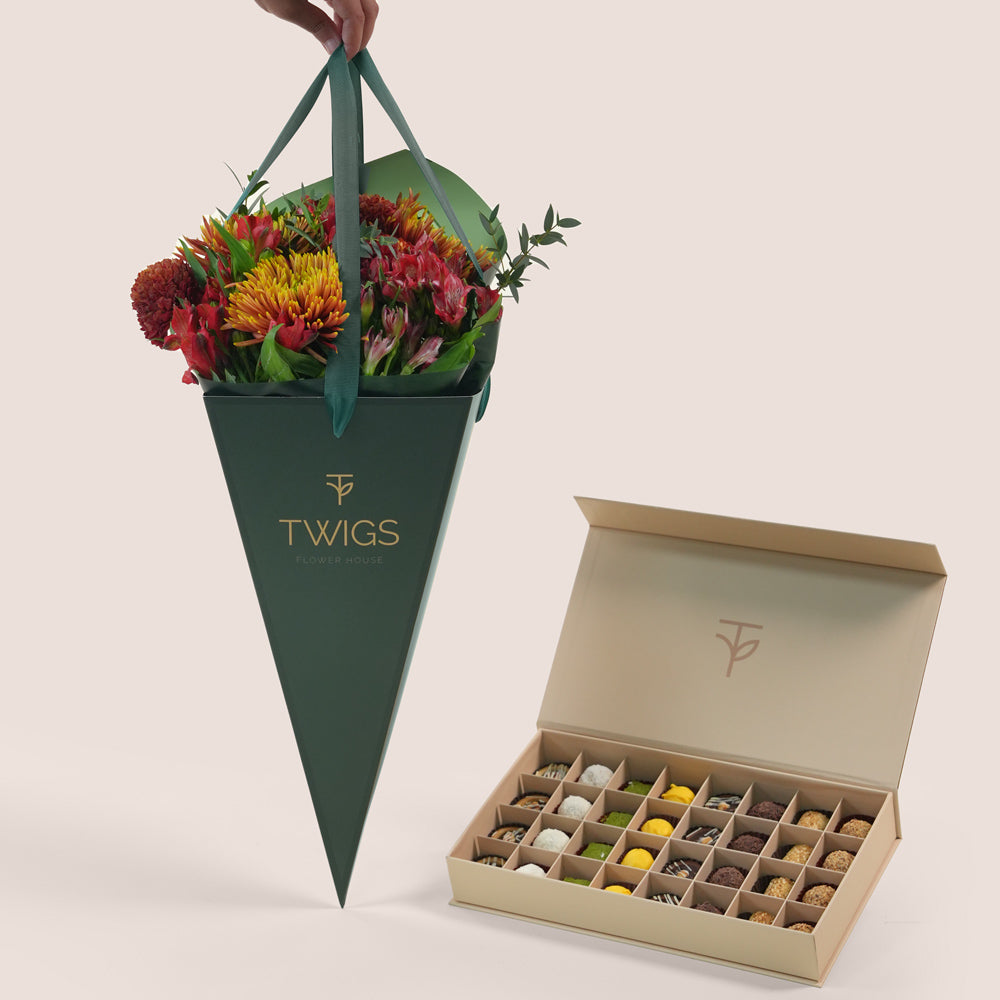Ruby Eid bouquet in TWIGS cone bag with truffles and petite fours Eid gift box Dubai