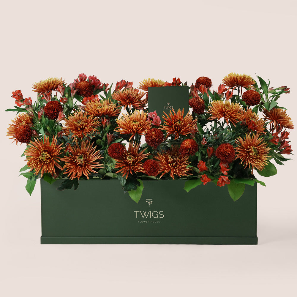 Ruby Eid garden flower arrangement in TWIGS signature garden box available in beige and green
