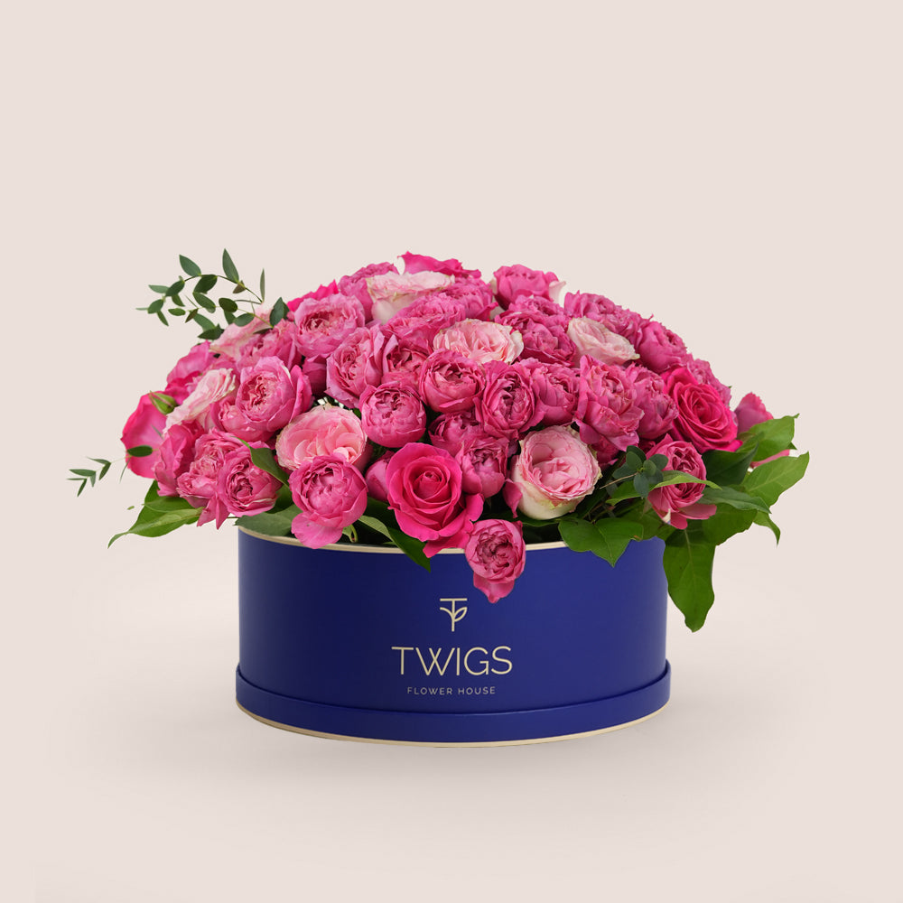 Bold Romance – Fuchsia Rose Grande Round Flower Box