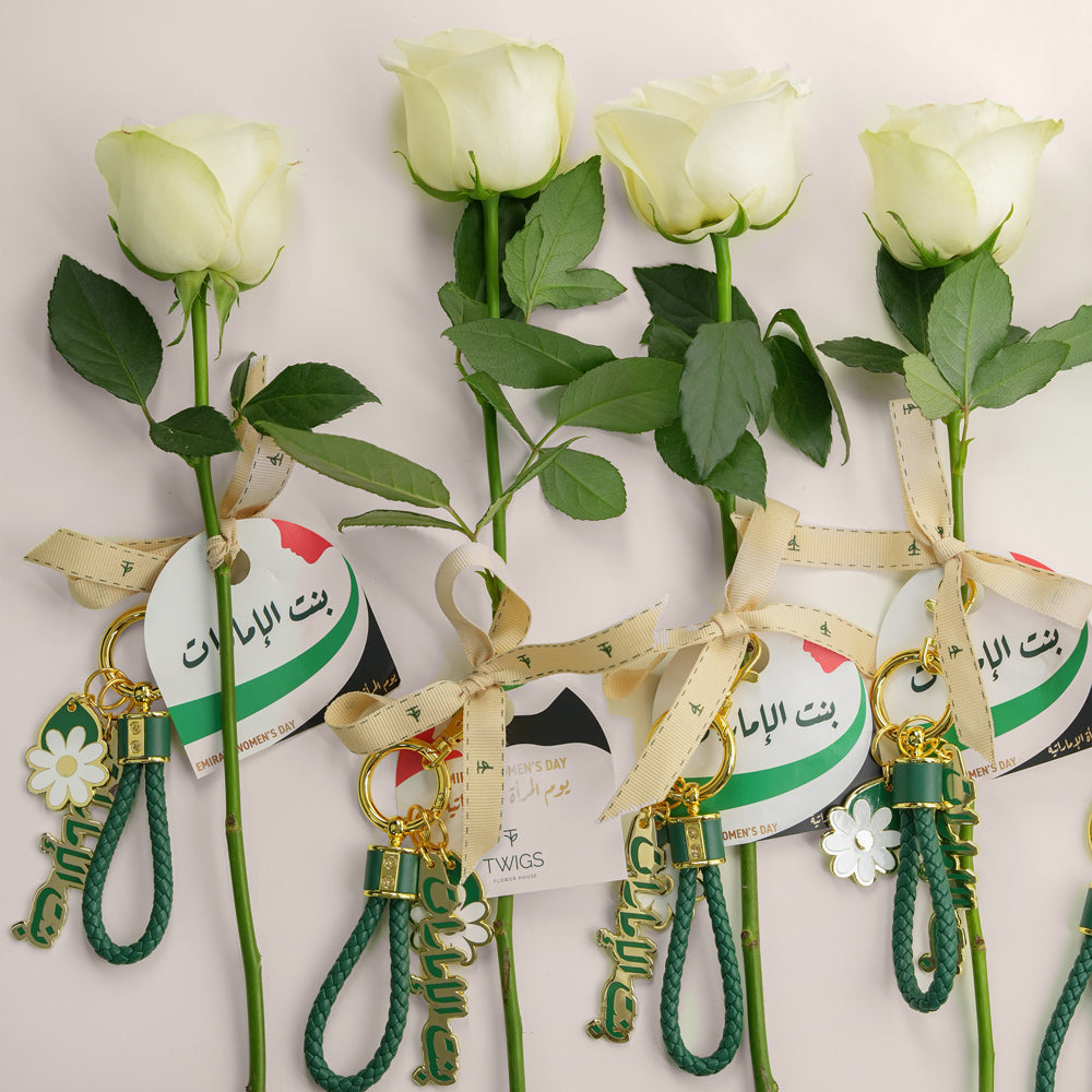 Emirati Women’s Day Roses Set | 6 Single Stems with Keychain Charms – TWIGS Dubai