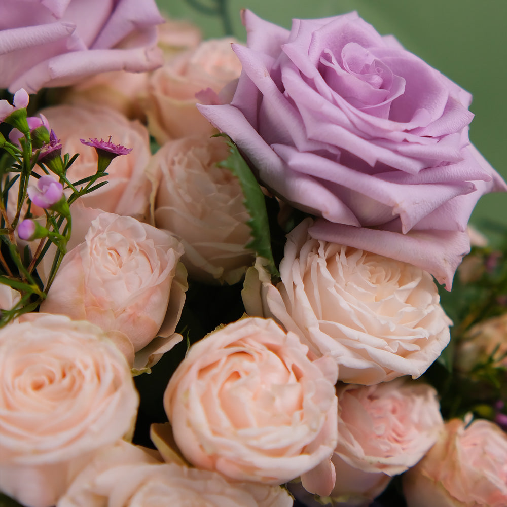 Purple Hydrangea & Rose Hand Bouquet – Soft Elegance in a Chic Flower Gift Bag