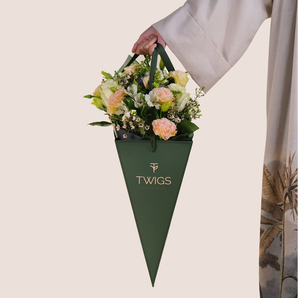 Pastel Grace Cone Bouquet – White and Pastel Flowers – Subtle Elegance in Every Bloom