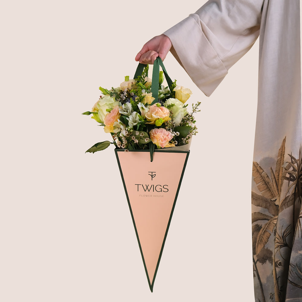 Pastel Grace Cone Bouquet – White and Pastel Flowers – Subtle Elegance in Every Bloom