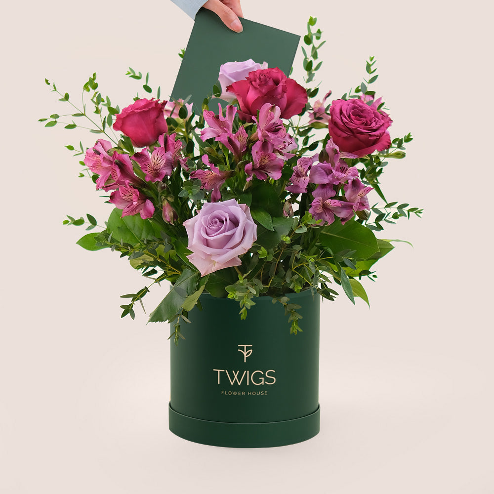 Lavender Bliss Flower Box – Blueberry & Lavender Roses in Deluxe Round Box