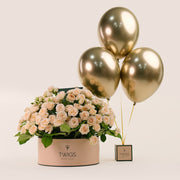 Grande Flower Round Box of Cream Salinero Roses & Balloons Bundle – A Luxurious Expression of Elegance and Festivity