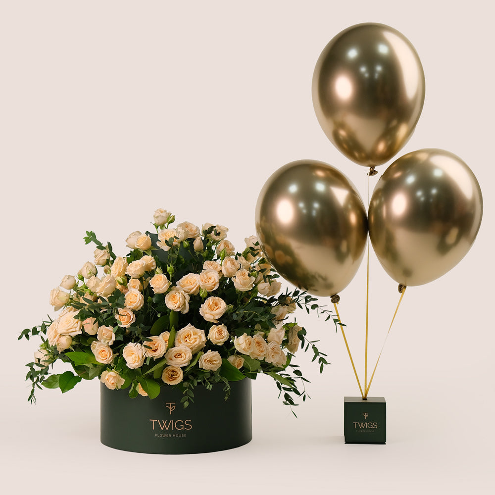 Grande Flower Round Box of Cream Salinero Roses & Balloons Bundle – A Luxurious Expression of Elegance and Festivity