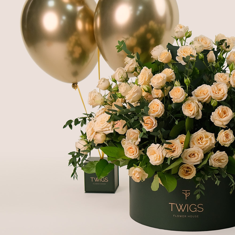 Grande Flower Round Box of Cream Salinero Roses & Balloons Bundle – A Luxurious Expression of Elegance and Festivity