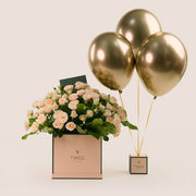 Golden Elegance Flower Box – Cream Roses & Chrome Balloons Bundle – A Luxurious Gift of Sophistication and Celebration