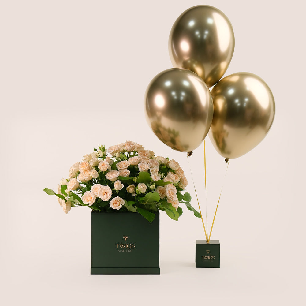 Golden Elegance Flower Box – Cream Roses & Chrome Balloons Bundle – A Luxurious Gift of Sophistication and Celebration