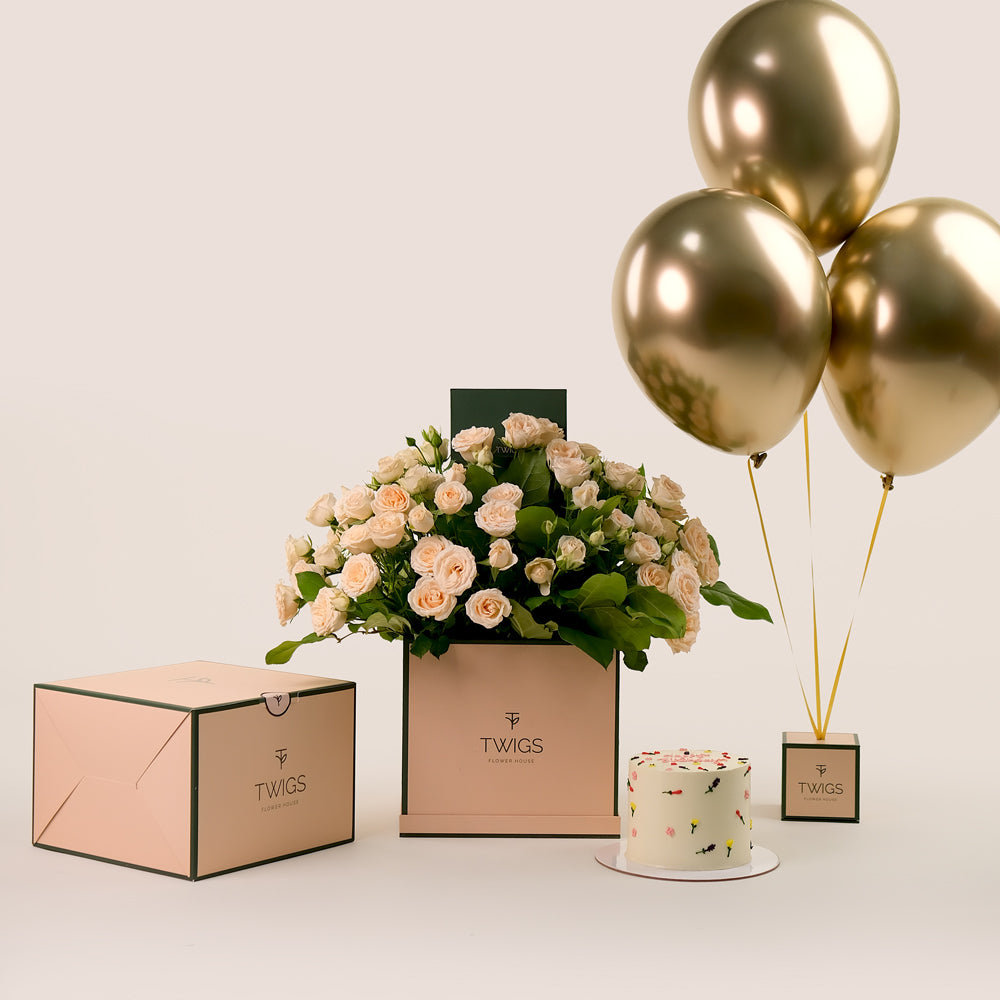 Cream Salinero Spray Roses Cube, Balloons & Birthday Cake Bundle – A Luxurious Trio for Unforgettable Birthdays