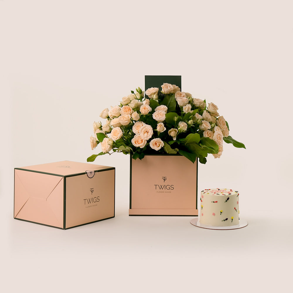 Beige Elegance – Square Box Bouquet of Cream Salinero Roses & Birthday Cake