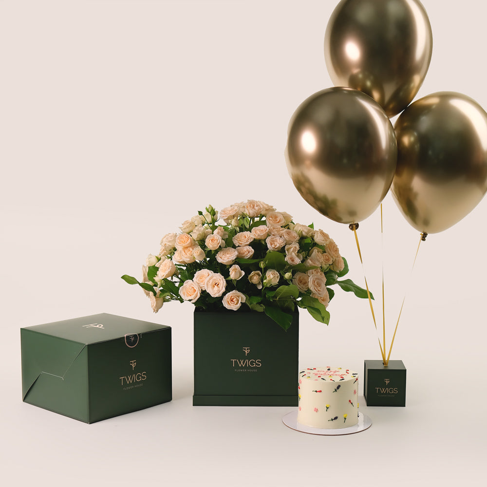 Cream Salinero Spray Roses Cube, Balloons & Birthday Cake Bundle – A Luxurious Trio for Unforgettable Birthdays