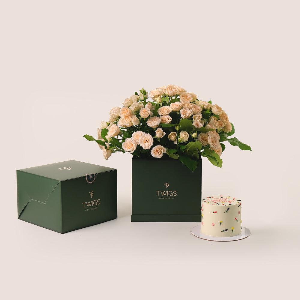 Beige Elegance – Square Box Bouquet of Cream Salinero Roses & Birthday Cake