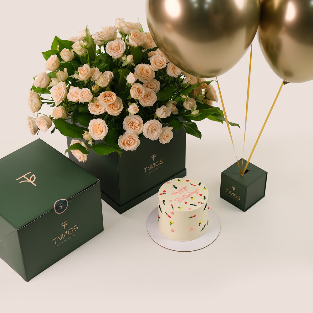 Cream Salinero Spray Roses Cube, Balloons & Birthday Cake Bundle – A Luxurious Trio for Unforgettable Birthdays