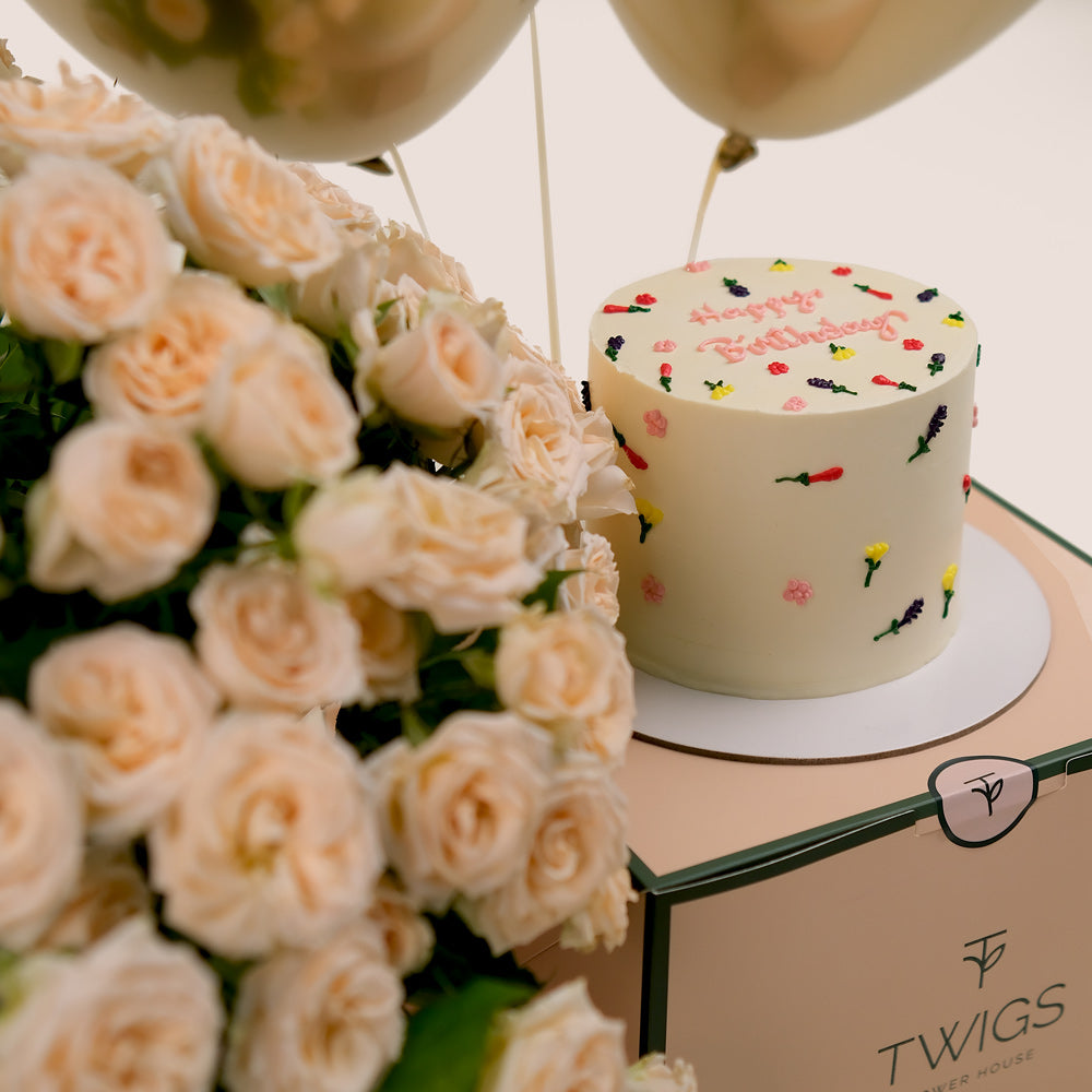 Cream Salinero Spray Roses Cube, Balloons & Birthday Cake Bundle – A Luxurious Trio for Unforgettable Birthdays