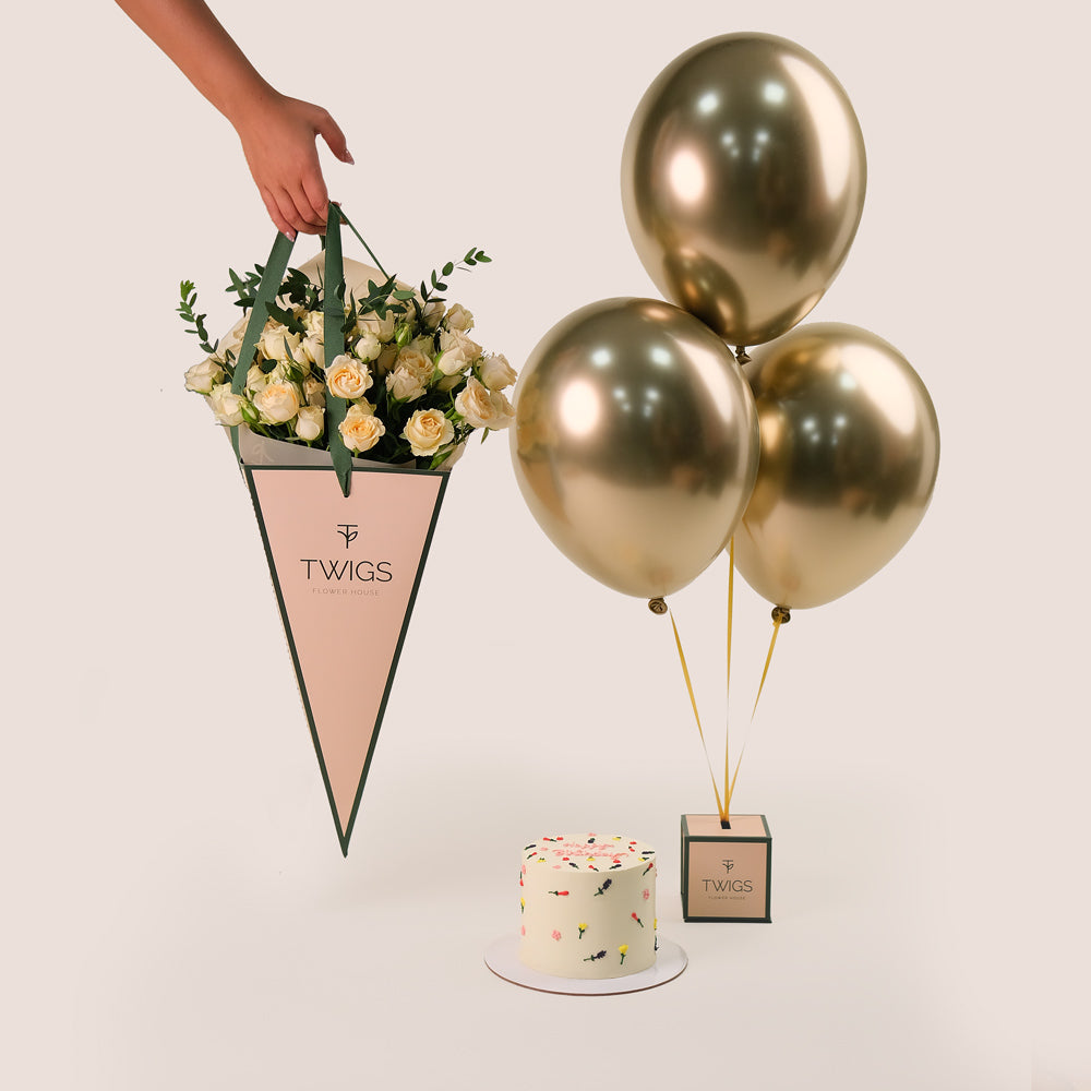 Golden Bliss Cone Salinero Spray Roses, Balloons & Birthday Cake Bundle – A Stunning Gift of Elegance, Celebration, and Sweetness