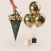 Golden Bliss Cone Salinero Spray Roses, Balloons & Birthday Cake Bundle – A Stunning Gift of Elegance, Celebration, and Sweetness