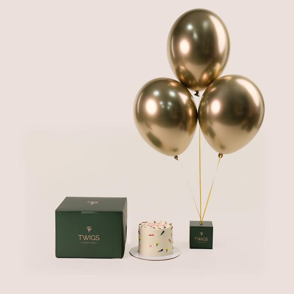 Golden Bliss Cone Salinero Spray Roses, Balloons & Birthday Cake Bundle – A Stunning Gift of Elegance, Celebration, and Sweetness