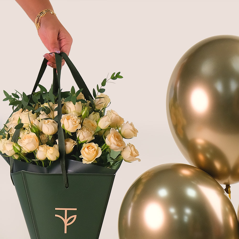 Golden Bliss Cone Salinero Spray Roses, Balloons & Birthday Cake Bundle – A Stunning Gift of Elegance, Celebration, and Sweetness