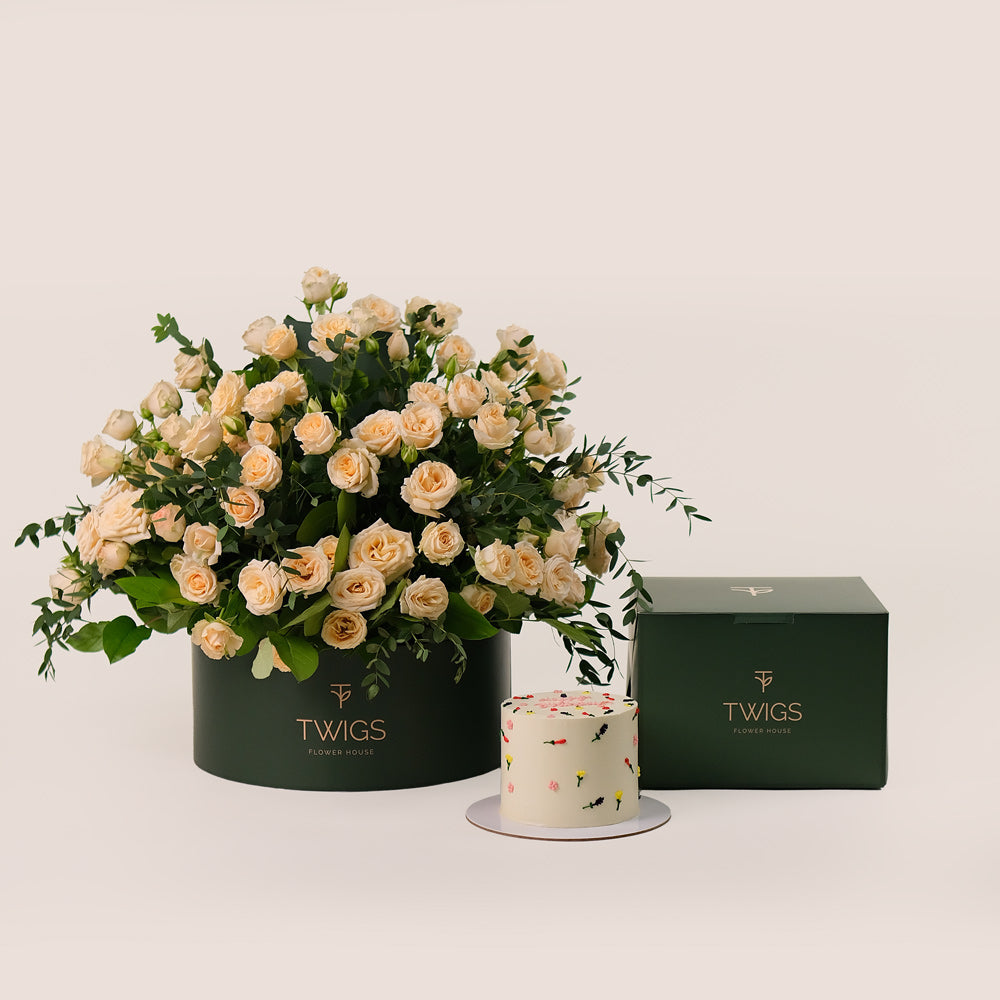 Elegant Birthday Grande Round Box Bundle – Cream Roses & Floral Cake – A Luxurious Gift of Beauty and Sweetness