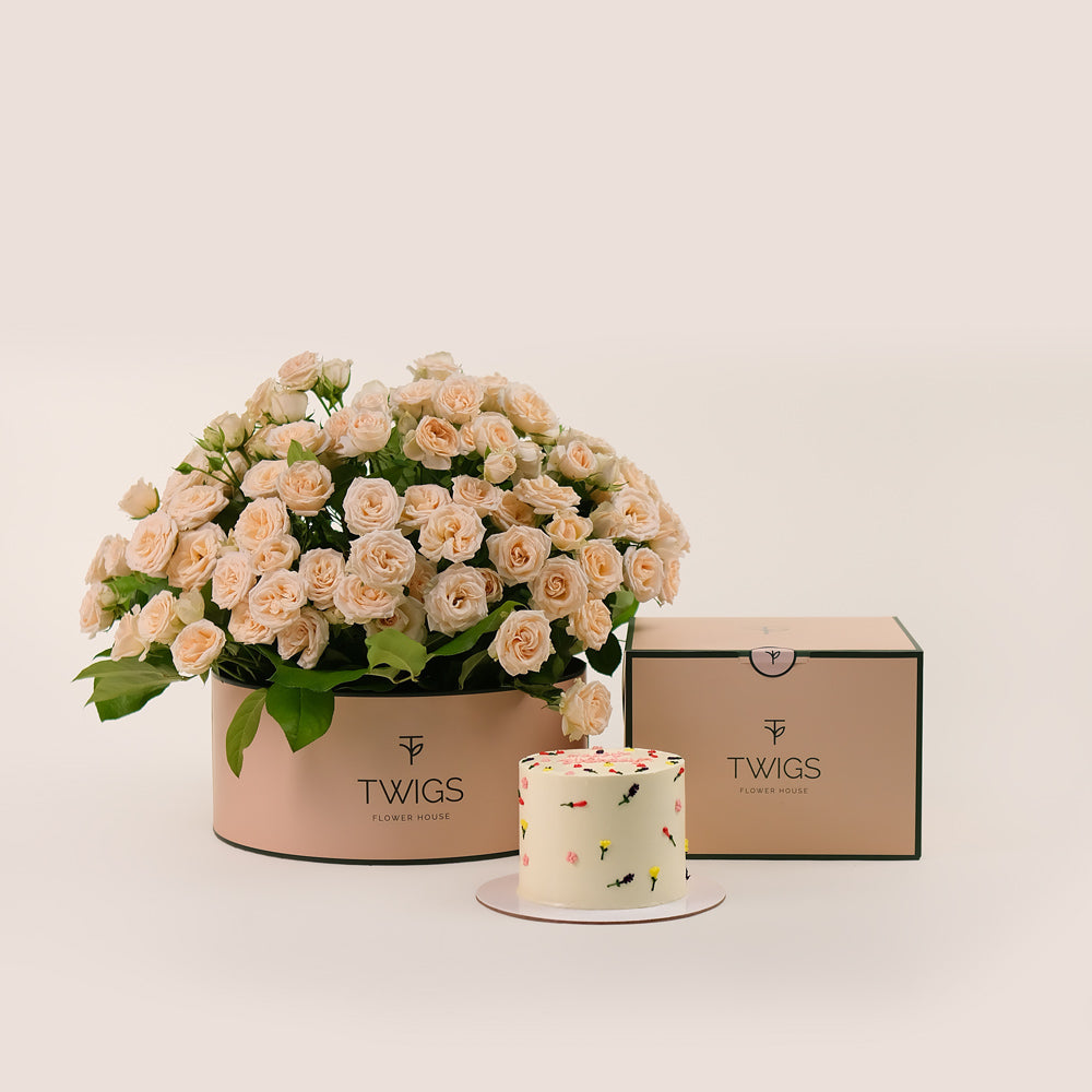 Elegant Birthday Grande Round Box Bundle – Cream Roses & Floral Cake – A Luxurious Gift of Beauty and Sweetness