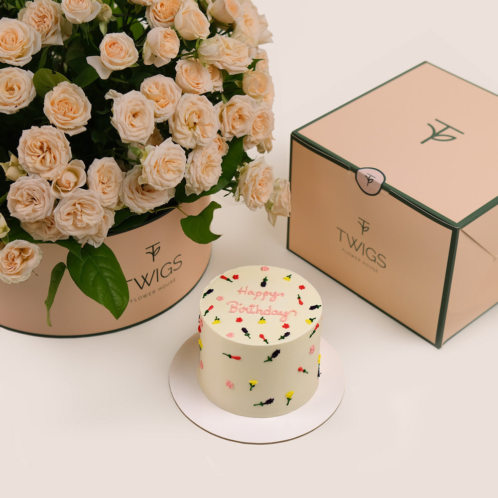 Elegant Birthday Grande Round Box Bundle – Cream Roses & Floral Cake – A Luxurious Gift of Beauty and Sweetness