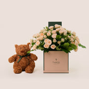 Cream Salinero Spray Roses Cube Box & Soft Teddy Bear Bundle – A Heartfelt Gift of Timeless Beauty and Comfort