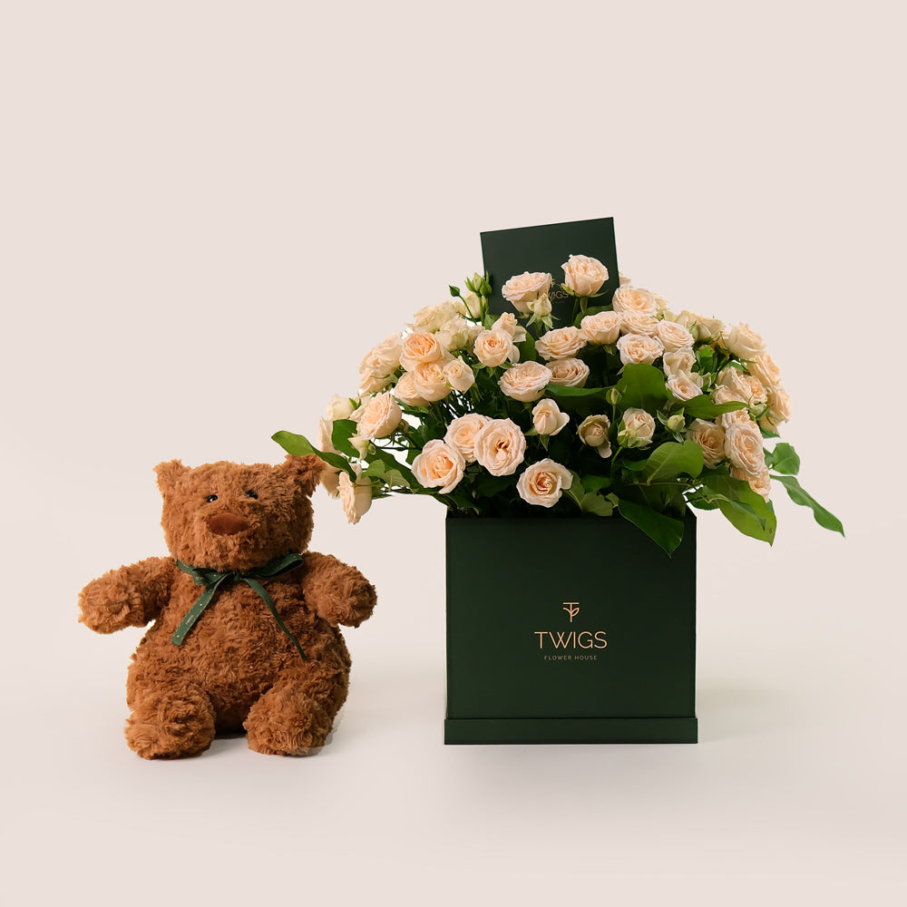 Cream Salinero Spray Roses Cube Box & Soft Teddy Bear Bundle – A Heartfelt Gift of Timeless Beauty and Comfort