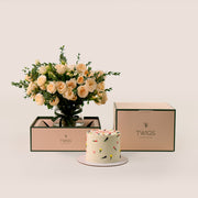 Velvety Cream Flowers & Birthday Cake Bundle – Elegant Gift Set– A Celebration of Beauty and Sweetness