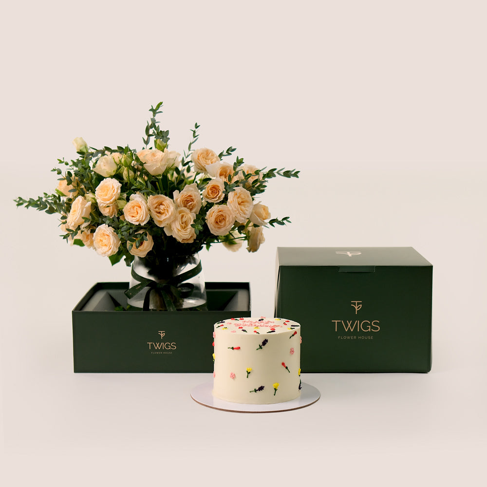 Velvety Cream Flowers & Birthday Cake Bundle – Elegant Gift Set– A Celebration of Beauty and Sweetness