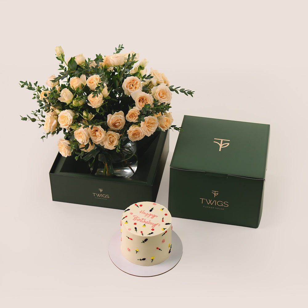 Velvety Cream Flowers & Birthday Cake Bundle – Elegant Gift Set– A Celebration of Beauty and Sweetness