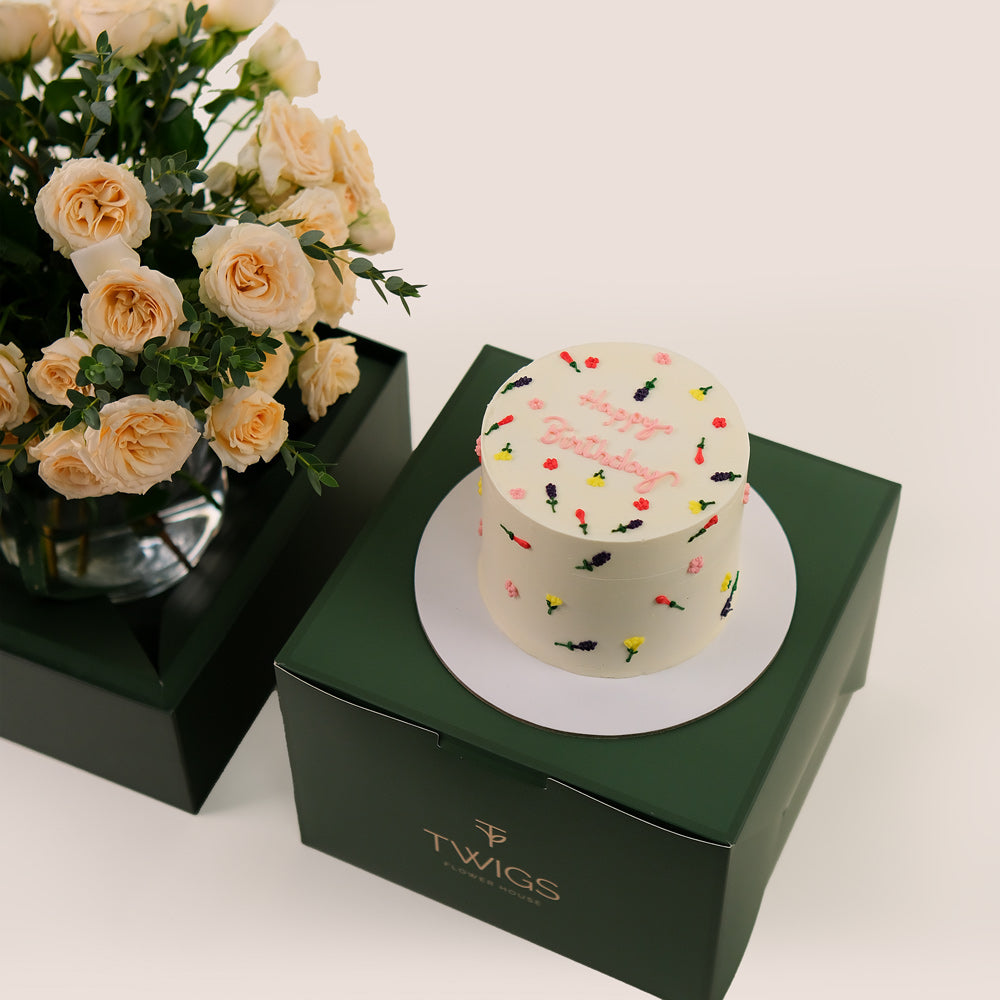 Velvety Cream Flowers & Birthday Cake Bundle – Elegant Gift Set– A Celebration of Beauty and Sweetness